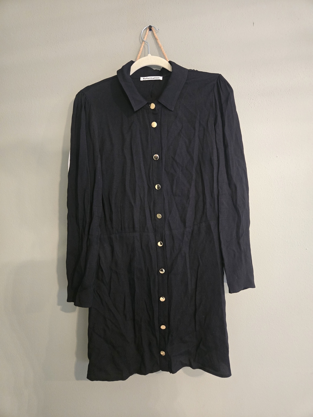 Reformation Hugh Black Long-Sleeve Mini Dress with Gold Buttons - Picture 2 of 4